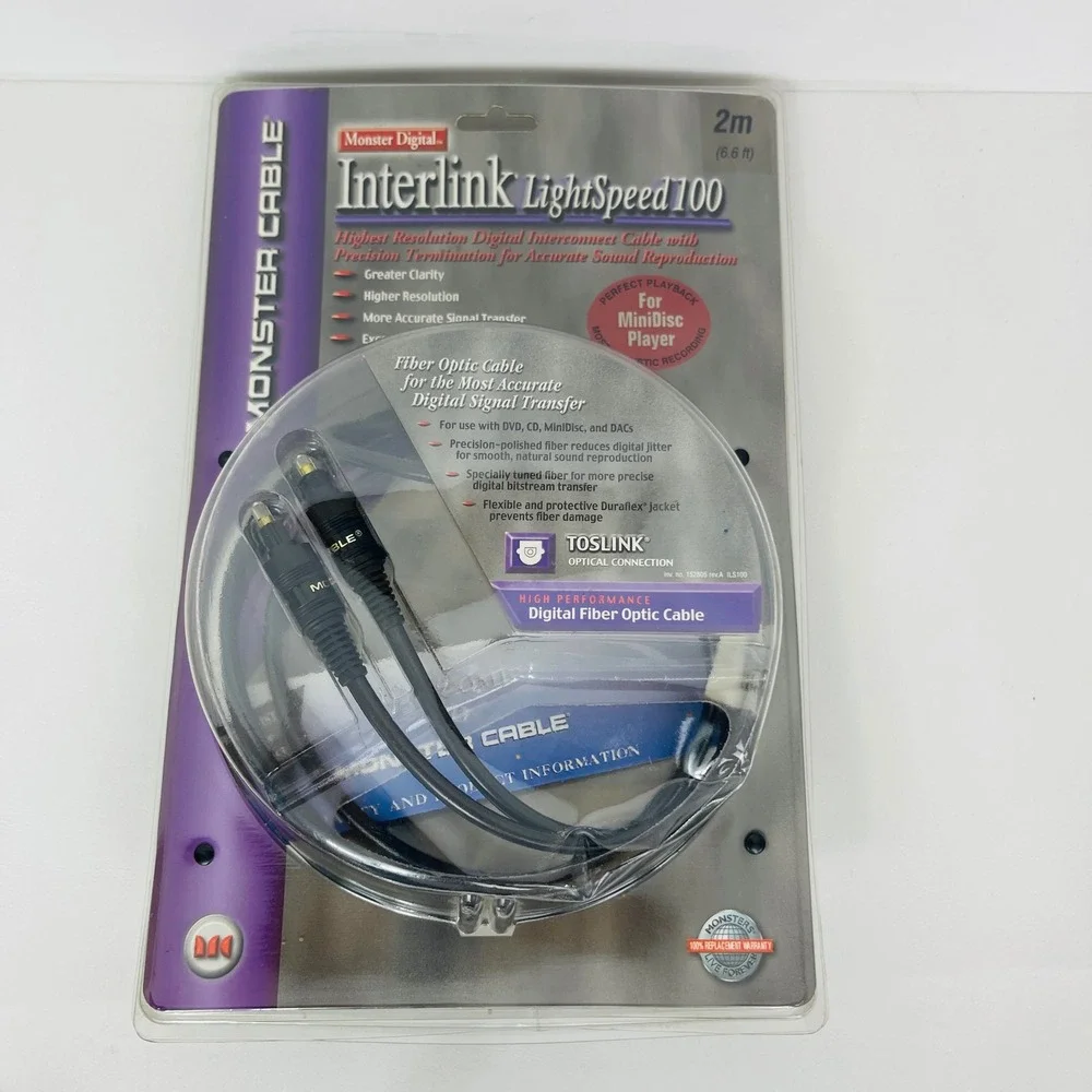 Monster Interlink LightSpeed 100 Digital Fiber Optic Toslink Cable 2m Black NEW
